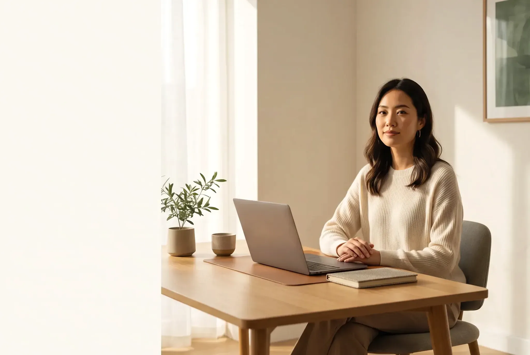 A composed candidate sitting ready before an interview