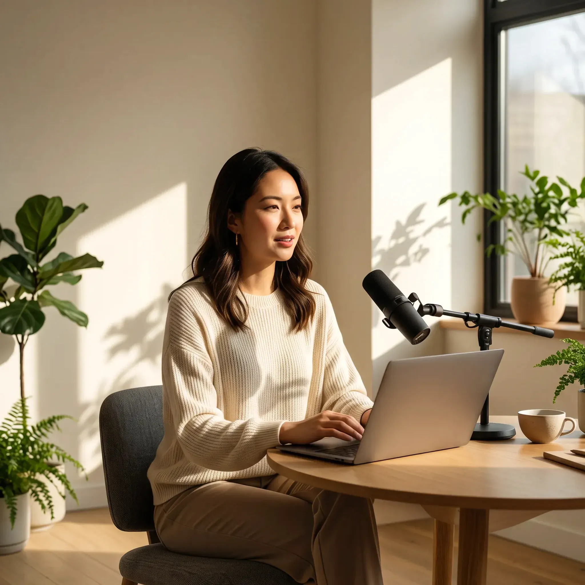 A job candidate practicing an interview answer at her laptop
